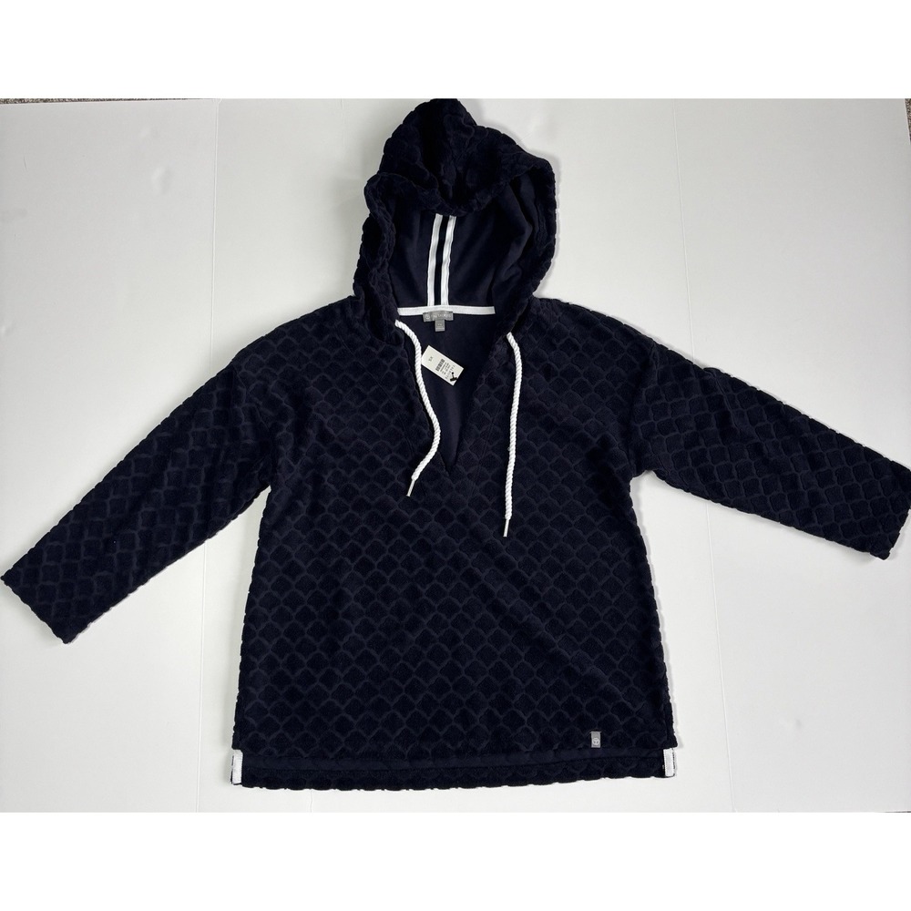 NWT T by Talbots Terry Cloth Navy Diamond Textured V Neck Hooded Pullover XS
